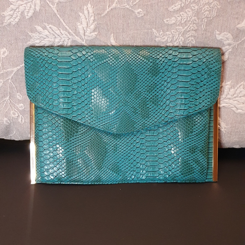 Green Snakeskin Embossed Envelope Clutch Bag